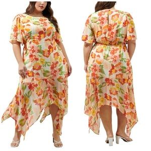 Sugarlips Curve Kailua Floral Metallic Aerin Asymmetrical Flutter Midi Dress